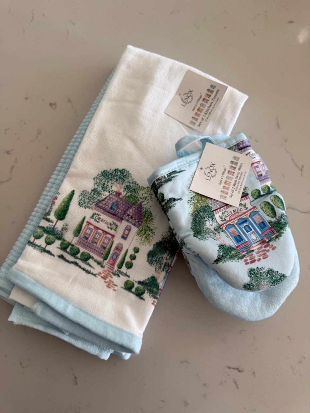 Lenox Light Blue and White Village Print Kitchen Towel and Oven Mitt Set